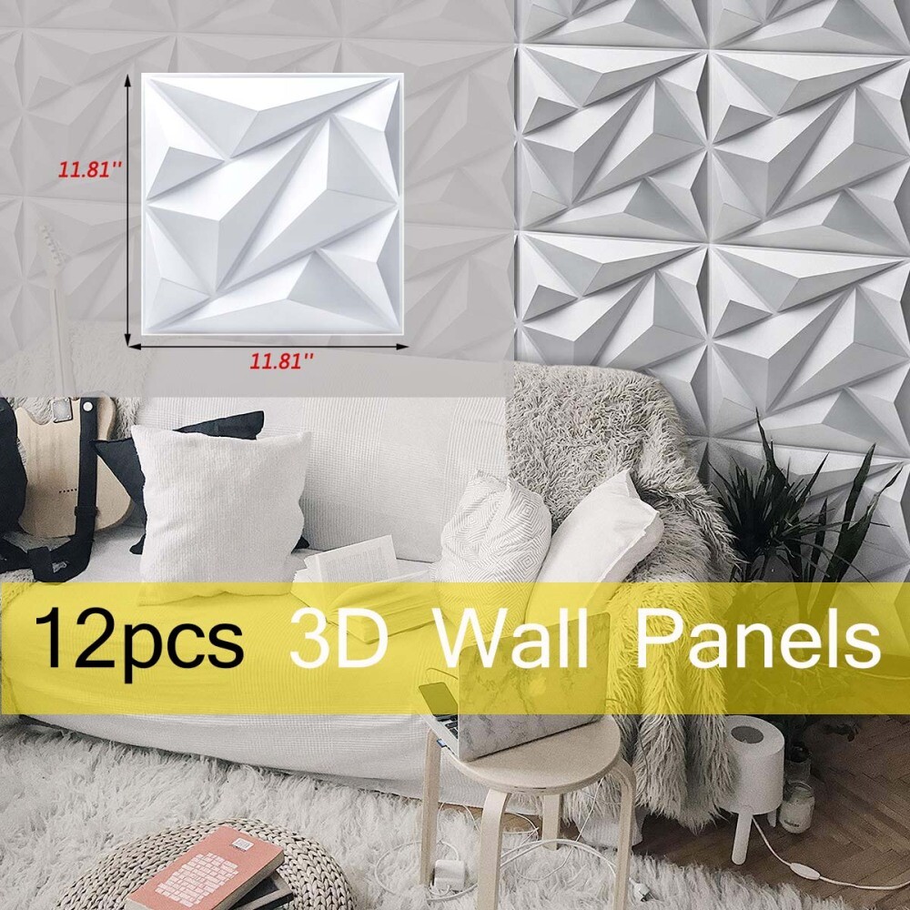 12Pcs PVC 3D Effect Wall Panels 30x30cm for DIY Wallpaper Home Decor White Color