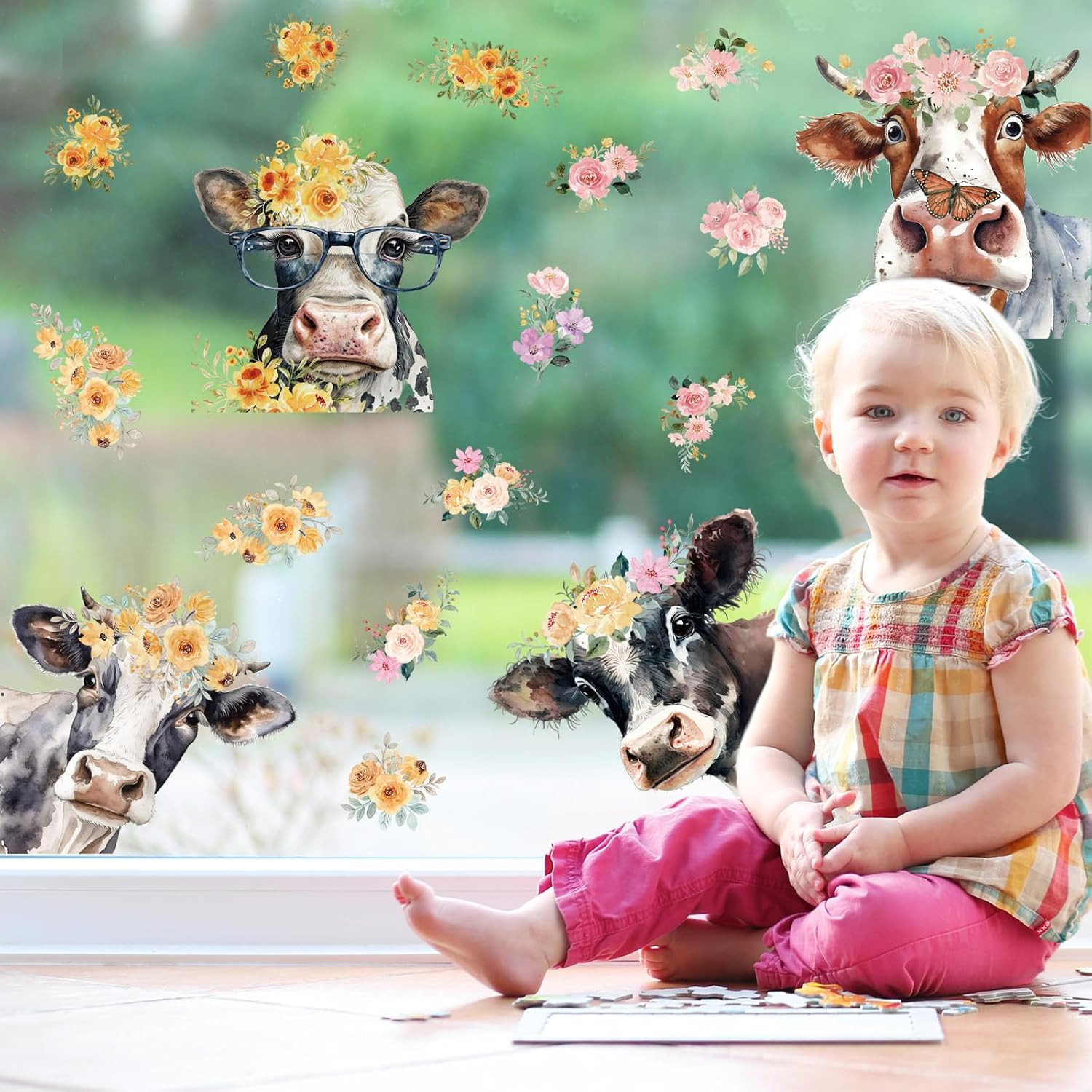 Floral Cow Window Clings Cute Cow Window Stickers Double-Side