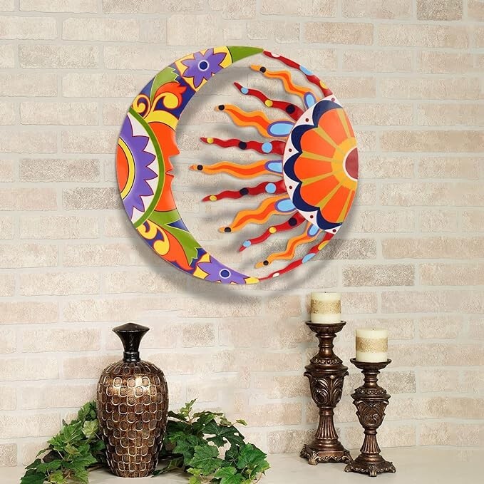 Decoración de arte de pared de sol y luna de metal 16" colorido talavera. neuvo.