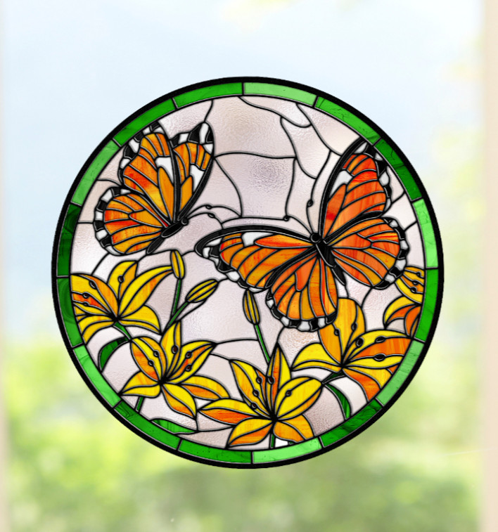 Monarch Butterflies Faux Stained-Glass WINDOW CLING Size 8" Round Vinyl