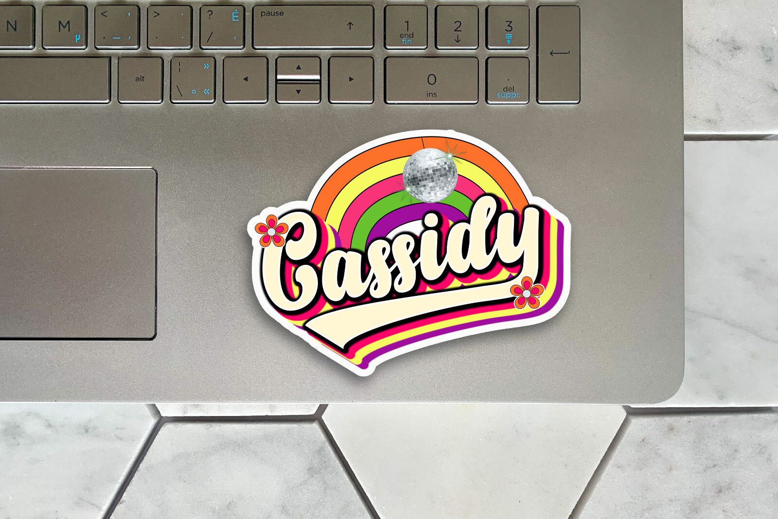 Custom Name Sticker, Personalized Decal, Retro Hippie, Groovy Rainbow Disco Ball