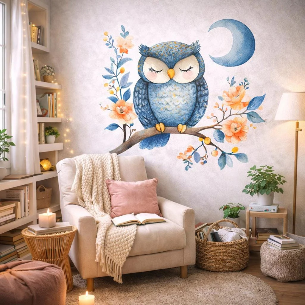 Sleeping Owl Wall Decal | Watercolor Nursery Art