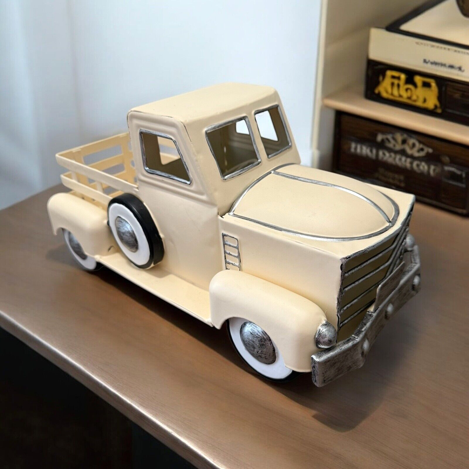 Beige Metal Tree Farm Truck Seasons Greetings Decor