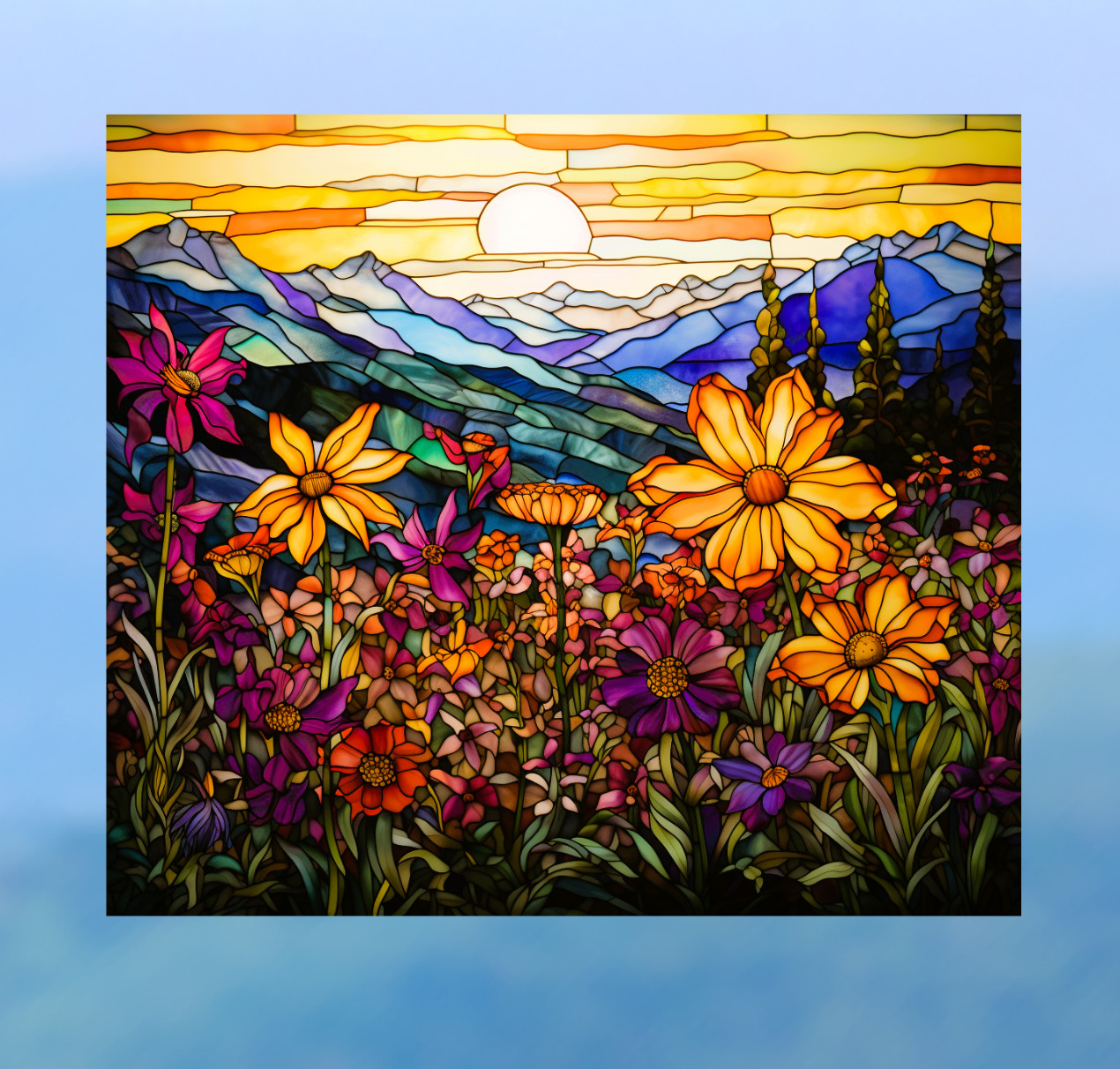 Wildflowers, Mountains & Sunset Faux Stained-Glass WINDOW CLING Size 9.1" Vinyl