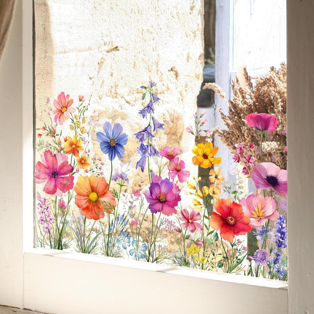 Flower Garden Window Stickers, Wildflower Grass Door Decals, Floral Clings
