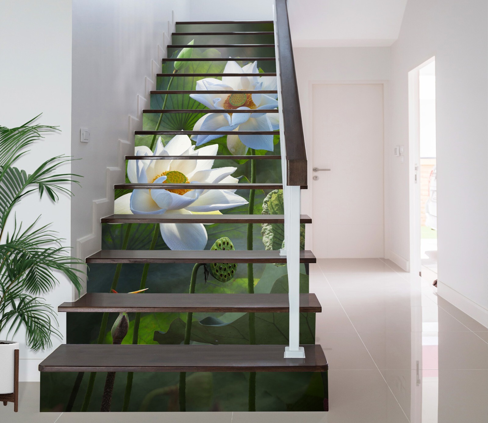 3D Two White Lotus 8538 Stair Risers Decoration Photo Mural Decal Wallpaper Rom