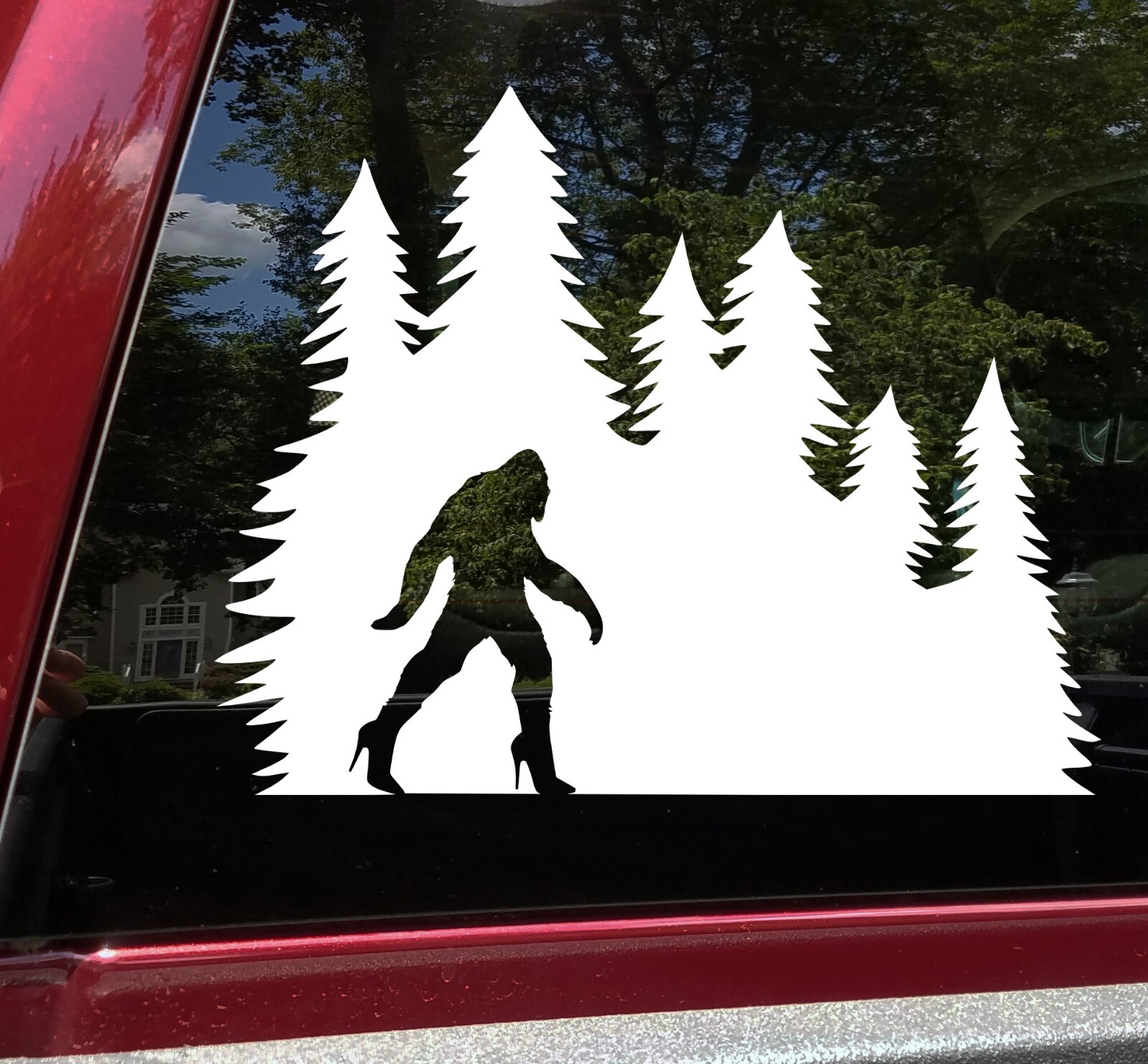 Bigfoot in High Heels in Tree Line Vinyl Decal V1 | Sasquatch Pine Trees Sticker