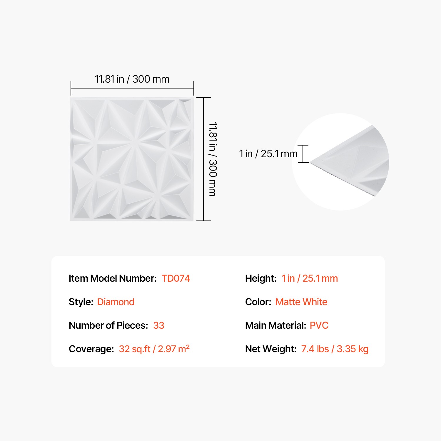 Uimoso 3D Wall Panels 11.81 x 11.81" PVC 32 Sq.Ft Coverage Diamond Matte White
