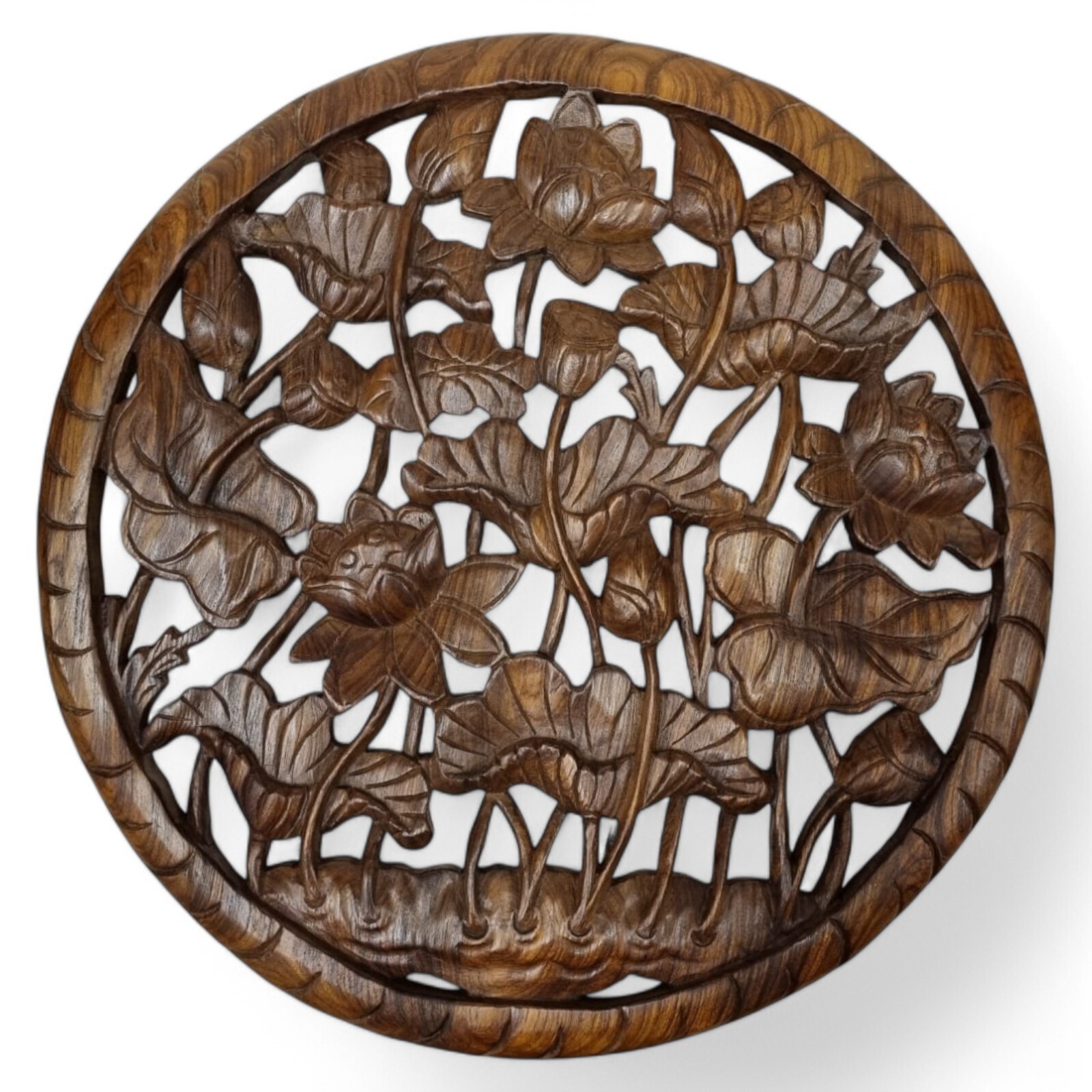 Suar Wood Carving Lotus Wall Picture Carved Wall Sculpture Acacia Solid Wood