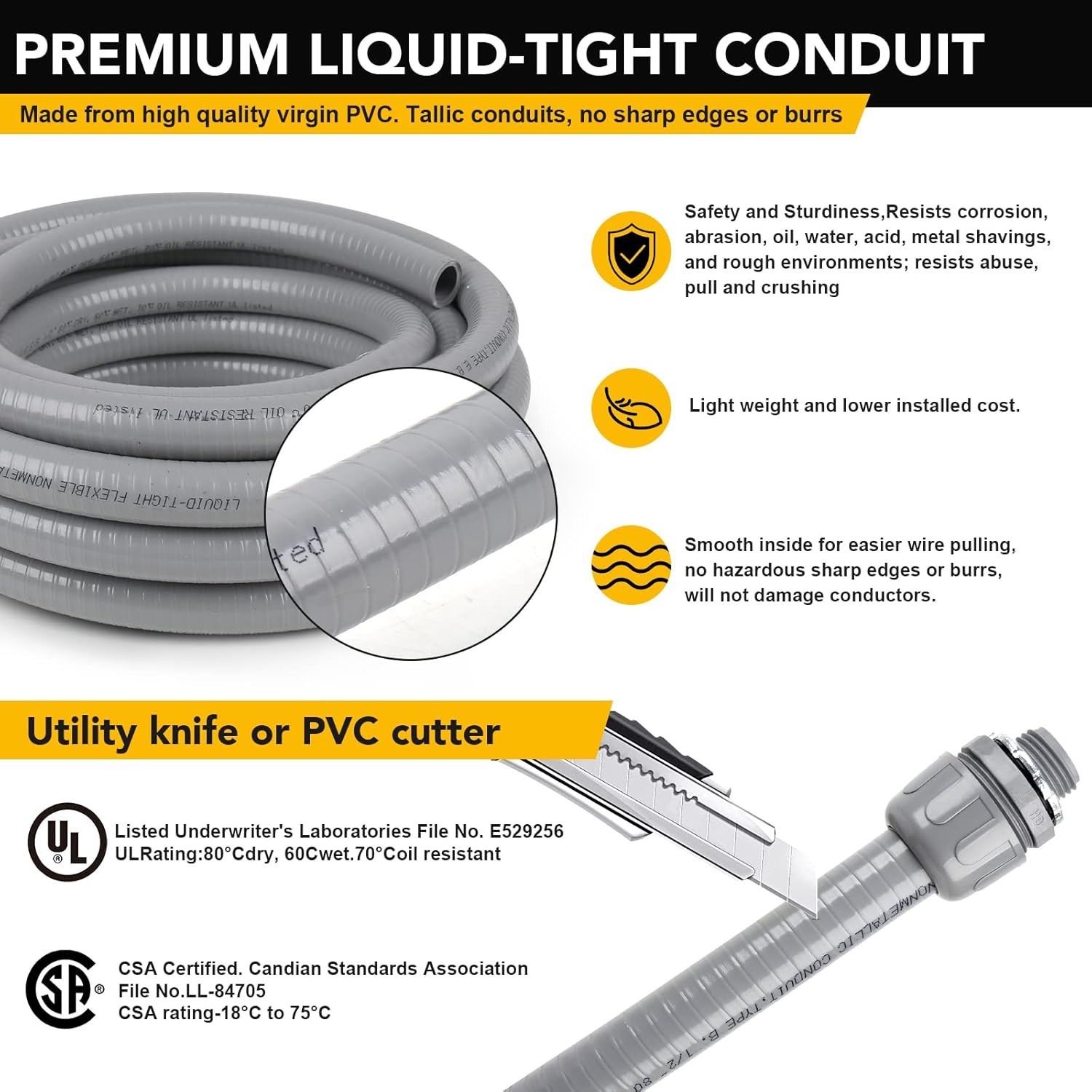 Elecoman 3/4inch 50ft Liquid-Tight Conduit and Connector 50ft, Gray
