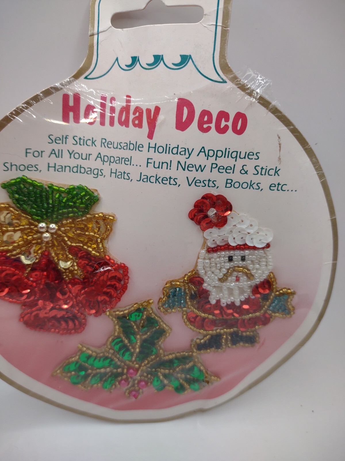 Vintage HOLIDAY DECO Self Stick Sequin Appliques Christmas Santa Bells Holly