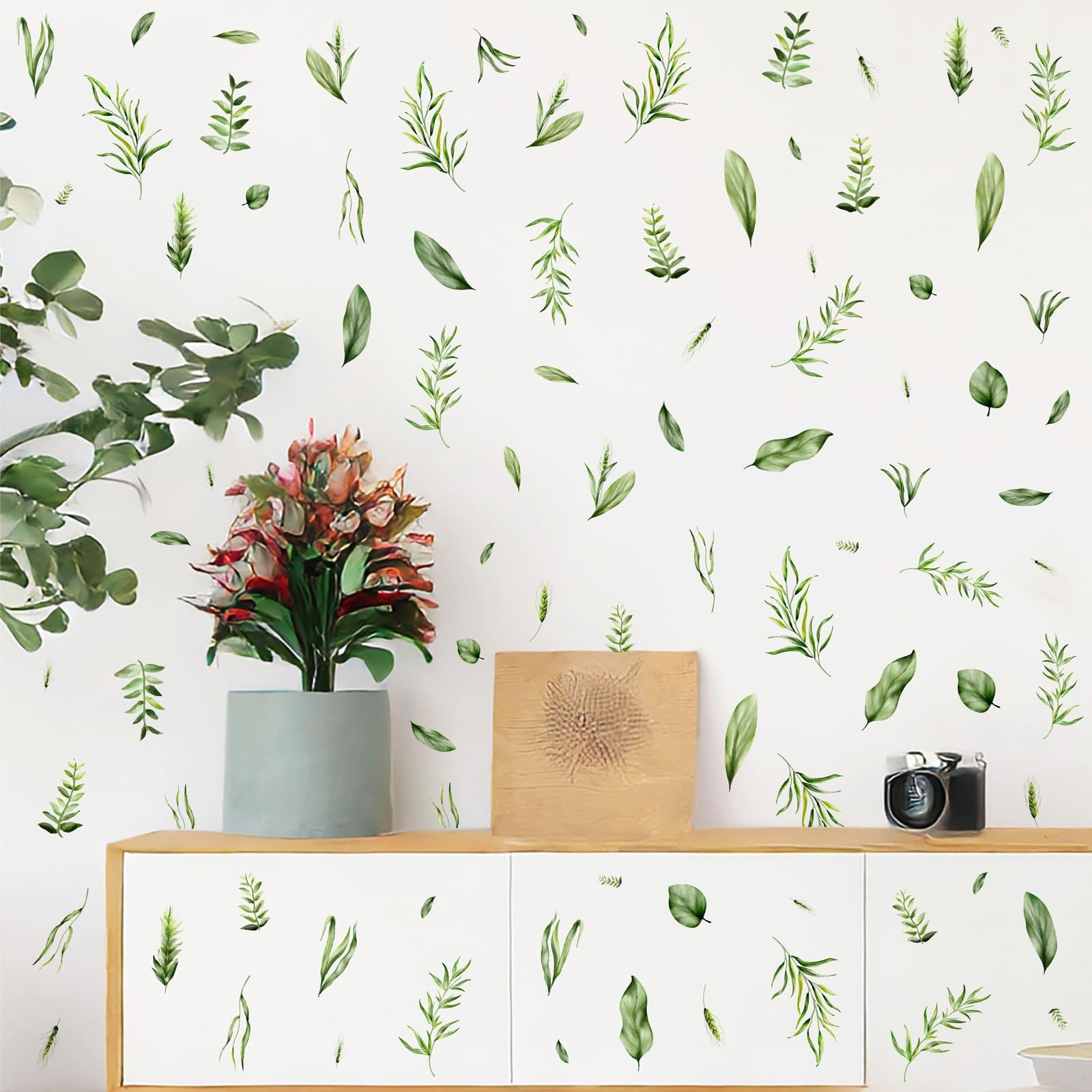 Green Leaf Wall Stickers Plant Leaf Wall Decals Peel and Stick Botanical Smal…