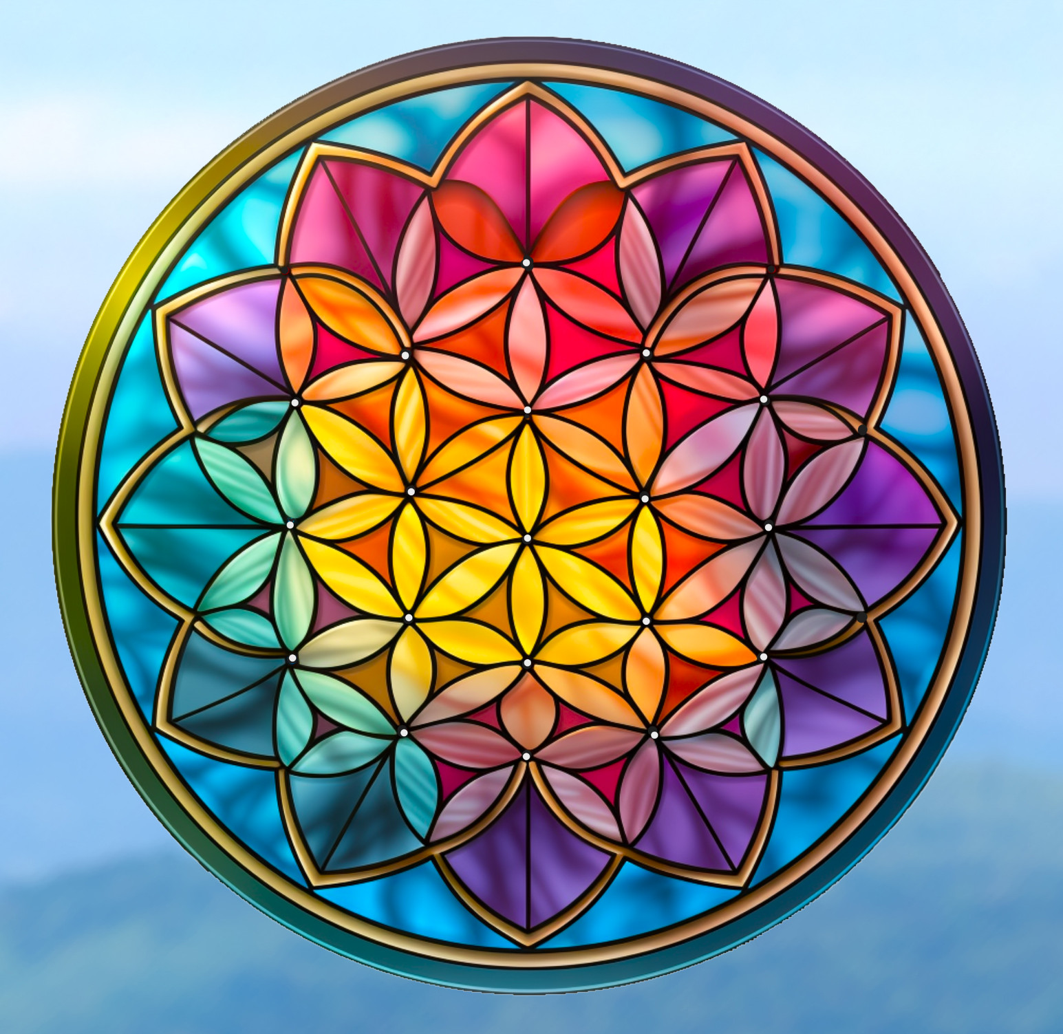 Flower of Life Round Faux Stained-Glass WINDOW CLING Size 8" Round Vinyl
