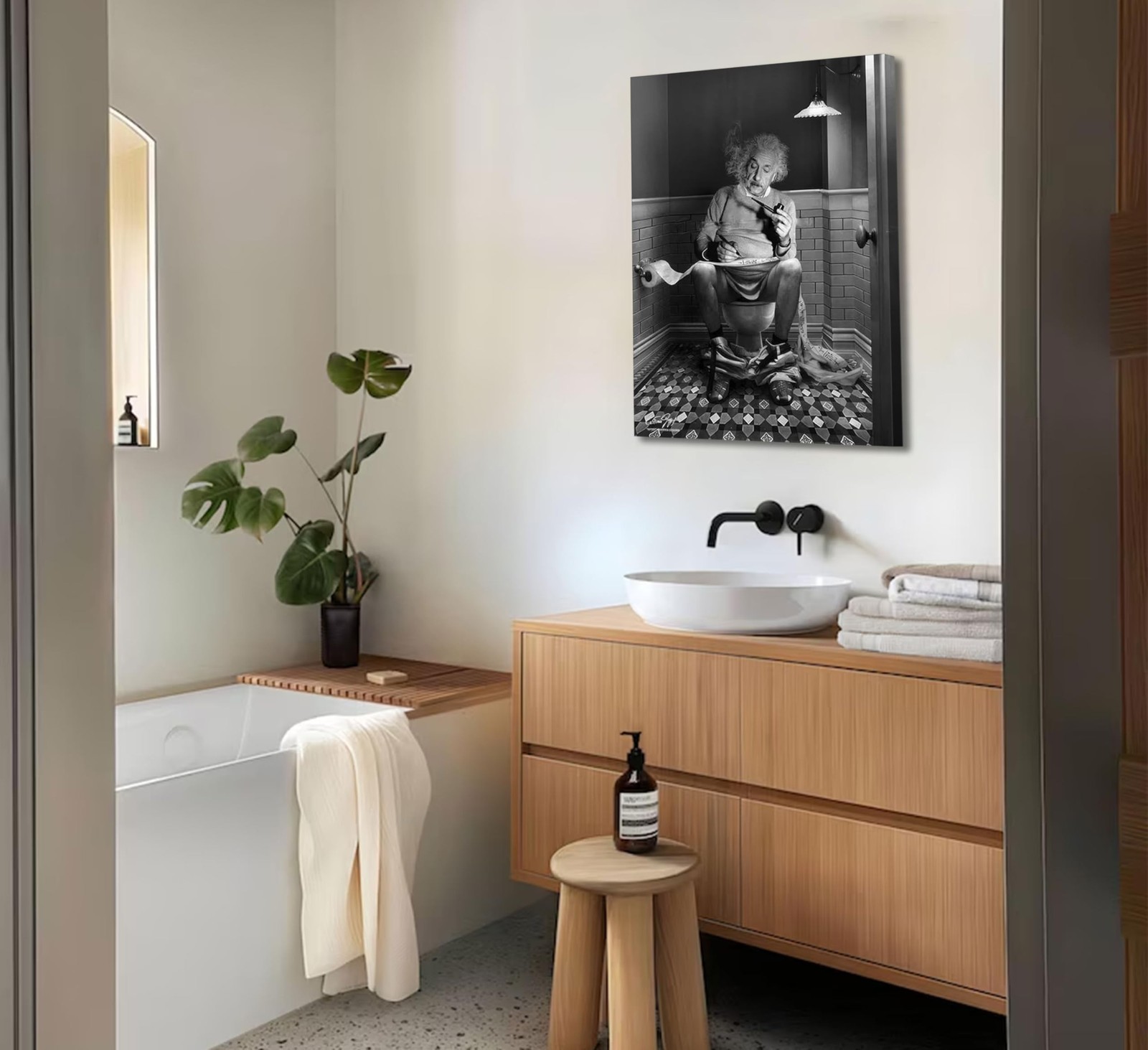 Funny Bathroom Canvas Wall Art Reading Newspaper On Toilet Picture Black and …