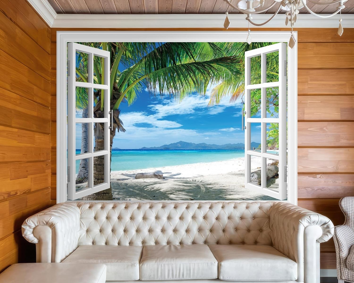 Fake Window Wall Mural – Beach Palm Trees Faux Win