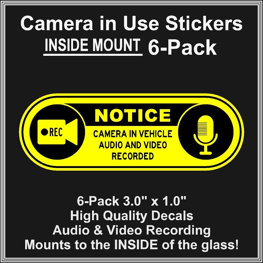 Camera in Car Recording Video 6-Pack INSIDE MOUNT Decals Black Yellow 3" x 1"