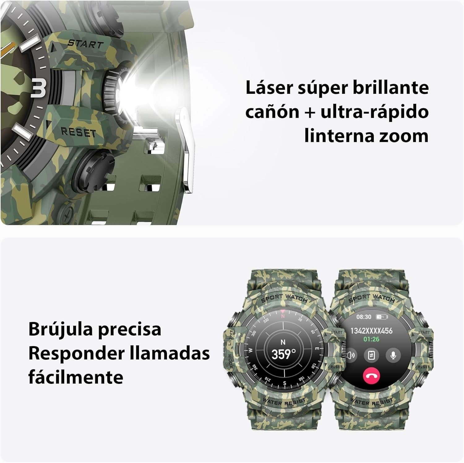Military Smart Watch Flashlight, Compass, Heart Rate, Calls, IP68, Androi