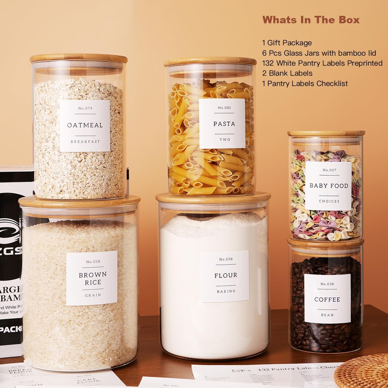 Set of 6 Glass Flour and Sugar jars with 132 Kitchen Pantry Labels – Thicken …