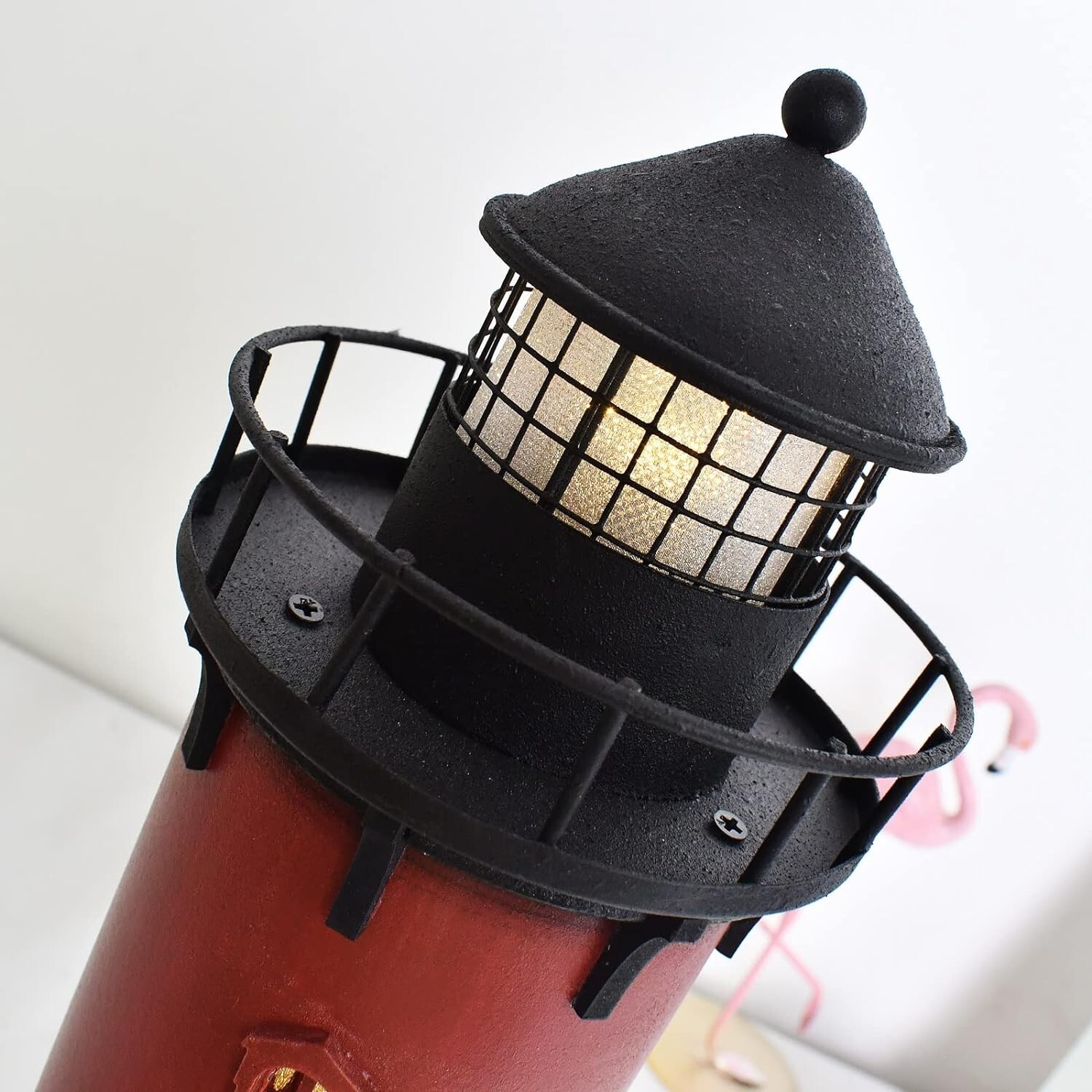 Wooden Lighthouse with Lights Nautical Tabletop Figurine (Red)