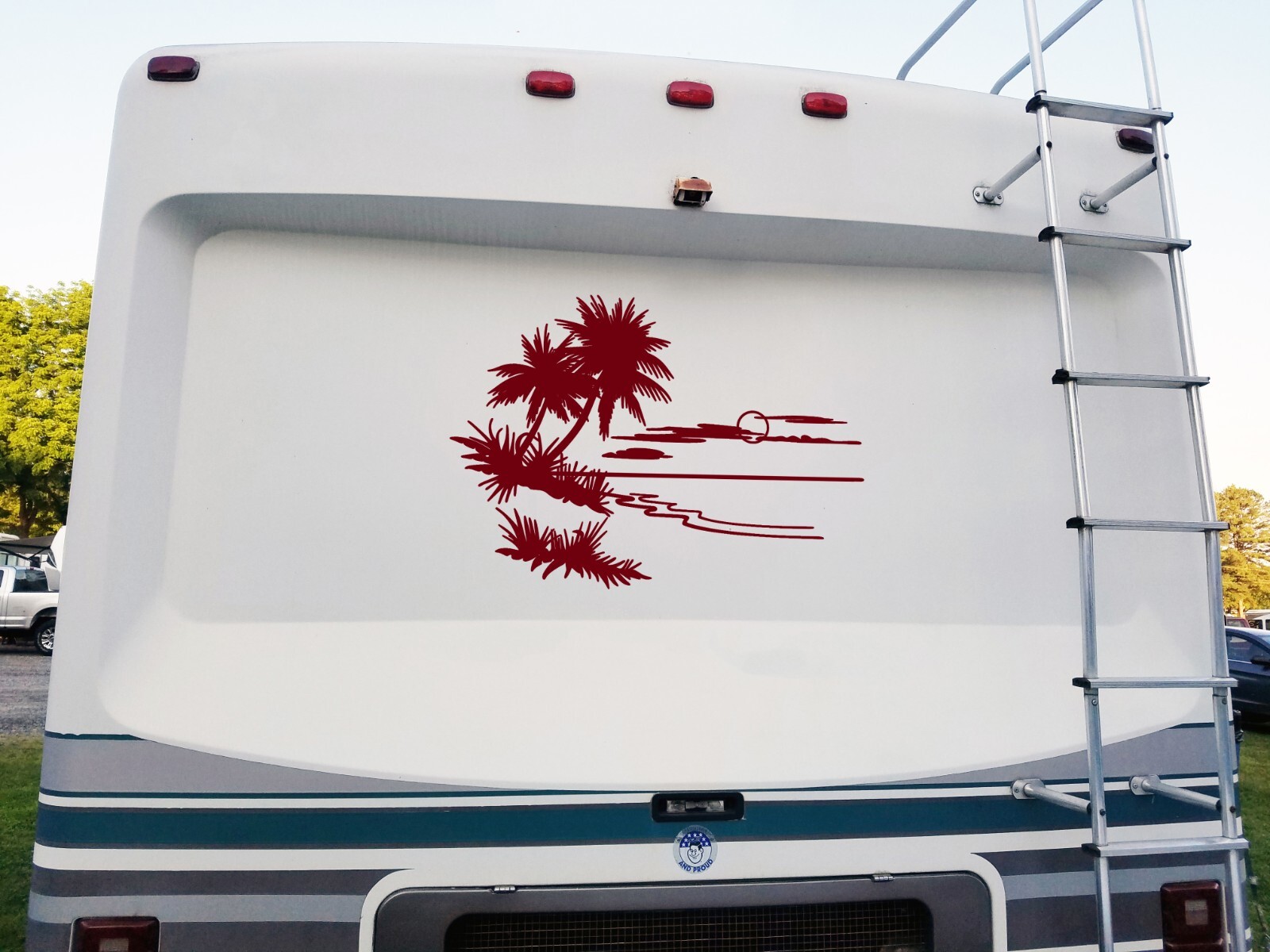 Beach Scene with Palm Trees Vinyl Decal V1 | RV Graphics Travel Die Cut Sticker