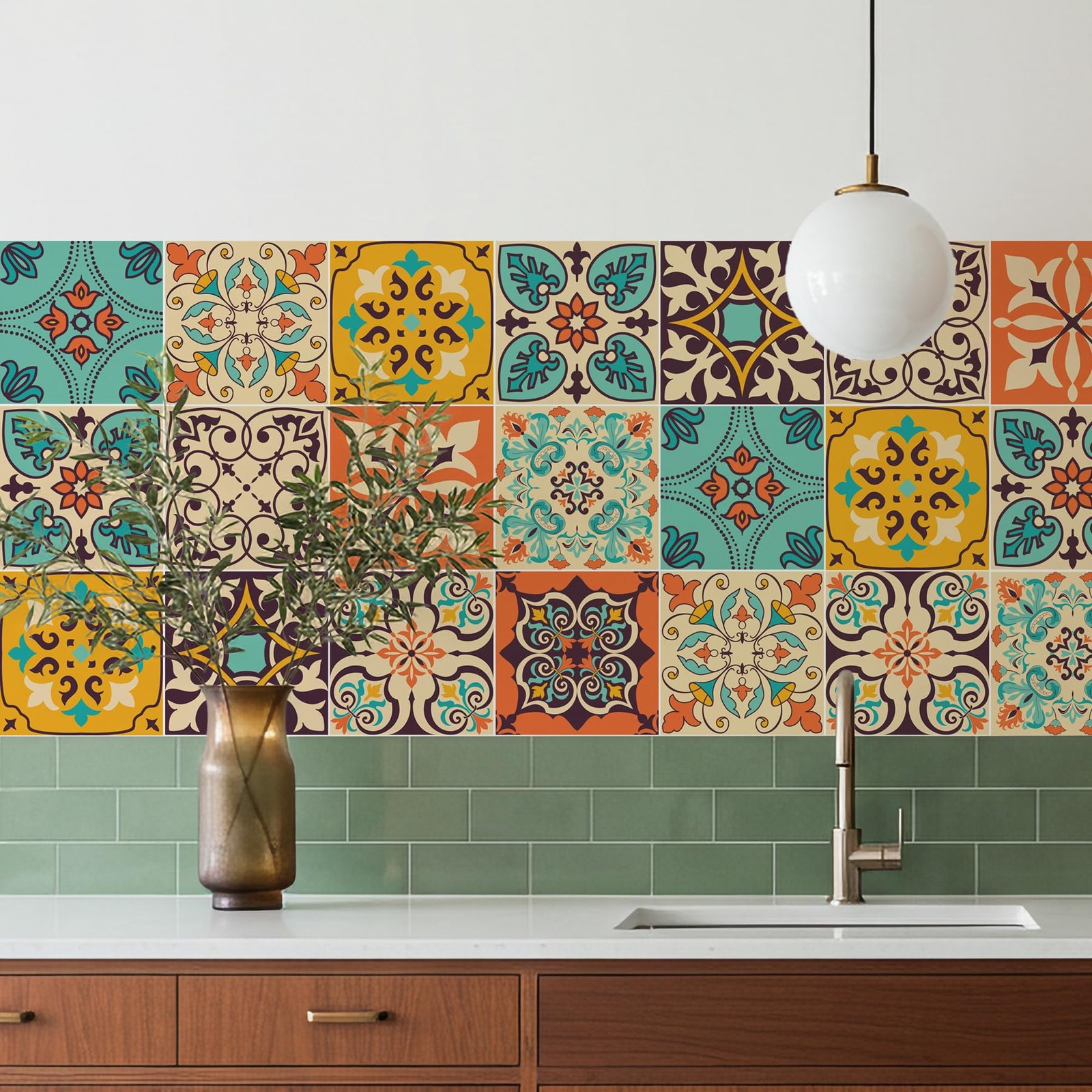 16 Pack, 5.9 Inch Terracotta and Teal Tile Stickers, Bohemian Patchwork Peel …
