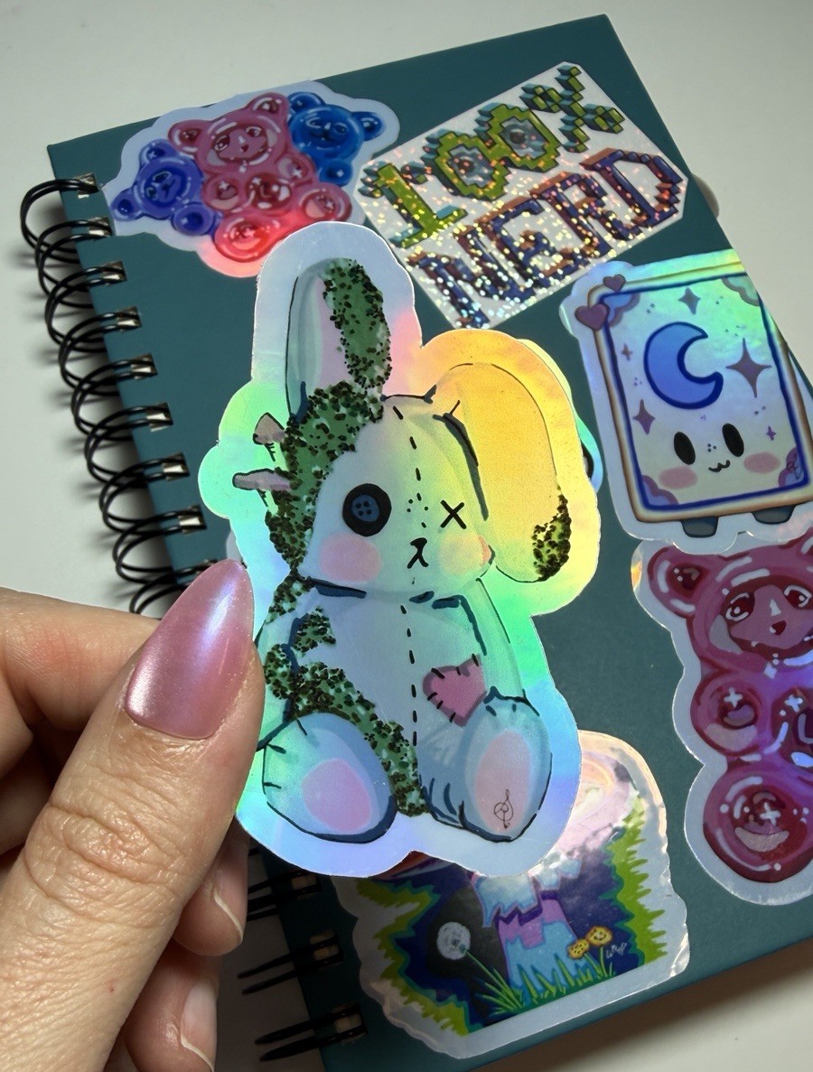 Moss Bunny Holographic Vinyl Sticker | 3" | Original Art by Sara Rose