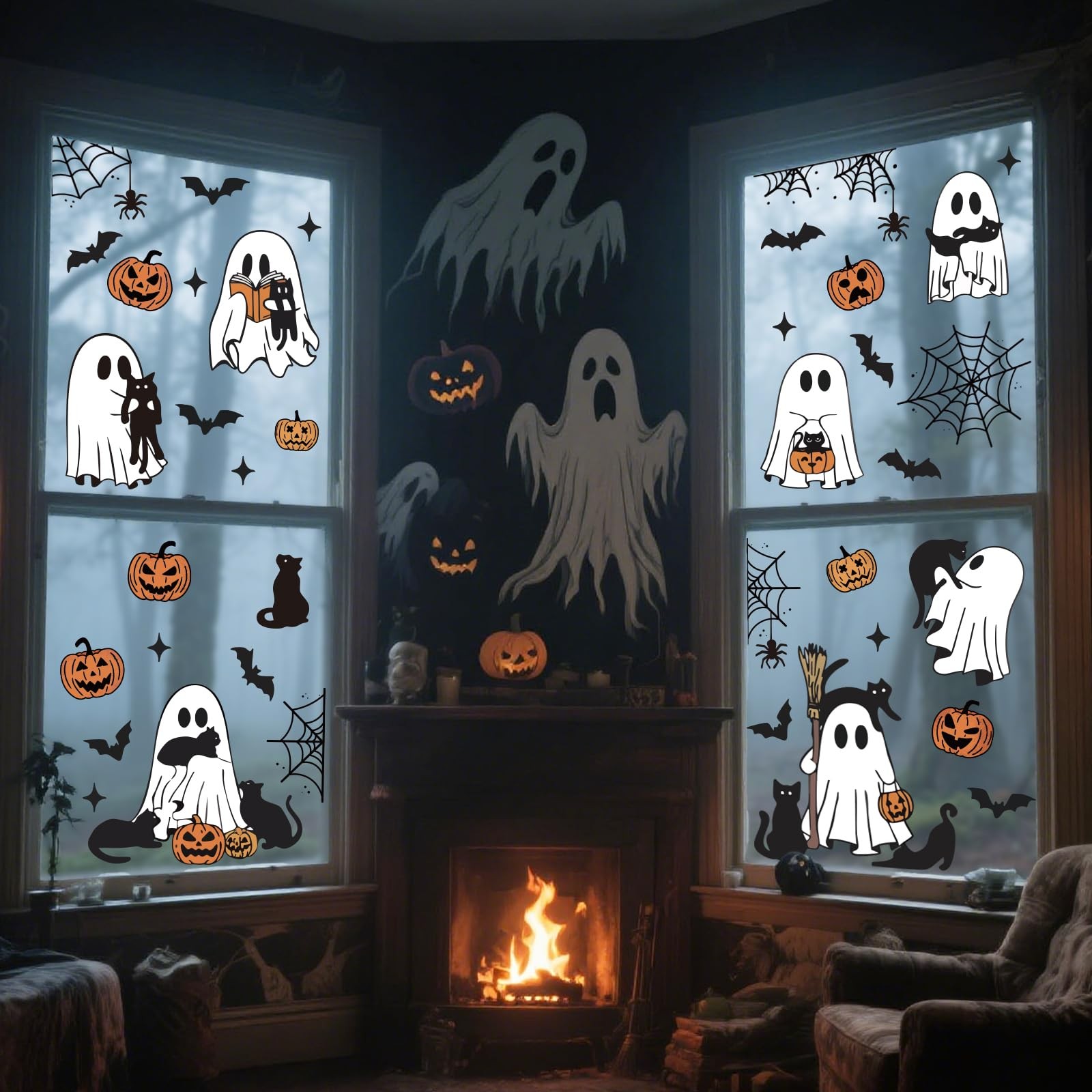 JarThenaAMCS Halloween Ghost Window 11 x 14 inch, 7 x 11.8 Black Orange