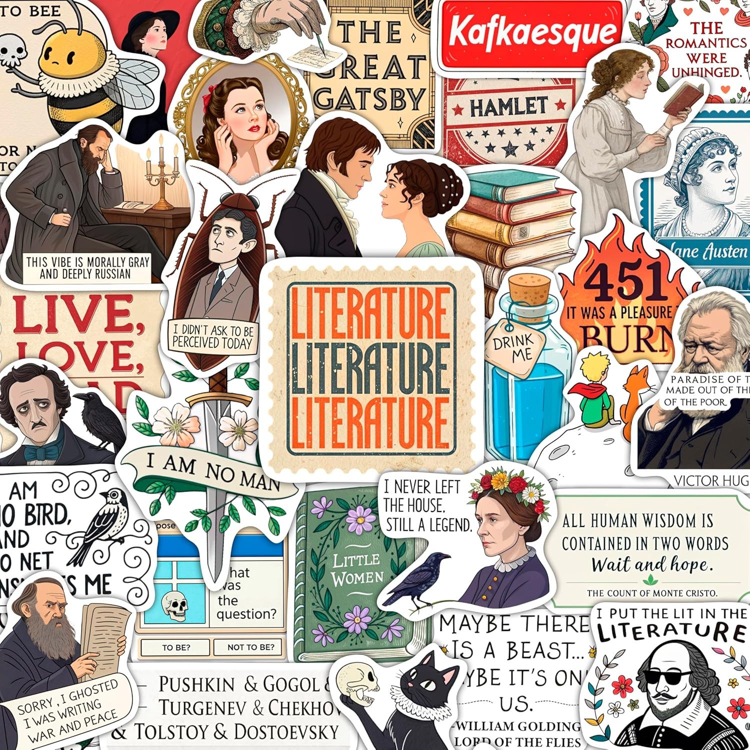 100Pcs Literature Stickers Bulk for Laptop, Water Bottle – Writing, Reading, Poe