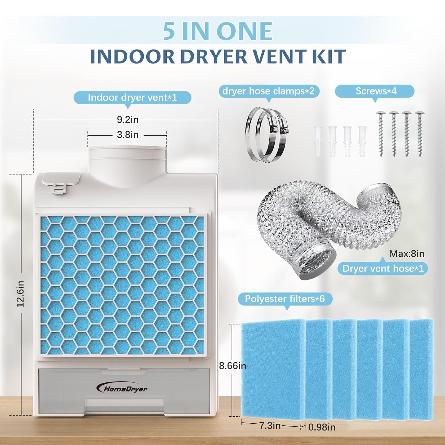3-in-1 Indoor Dryer Vent Kit, Stainless Steel Filter, Air Quality System & 6 Fil