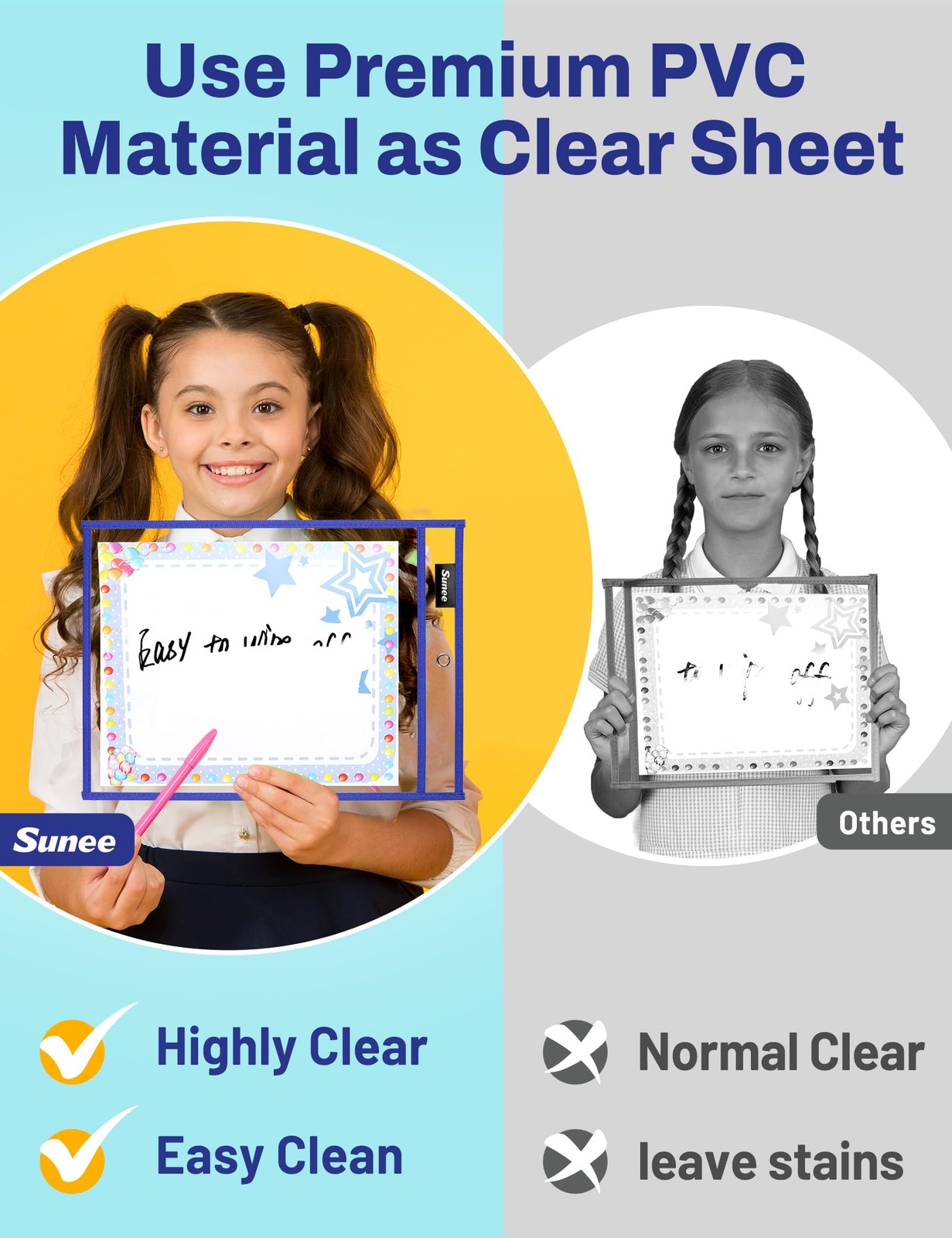 SUNEE 6 Packs Oversized Reusable Dry Erase Pocket Sleeves with Binder Ring, 6 As