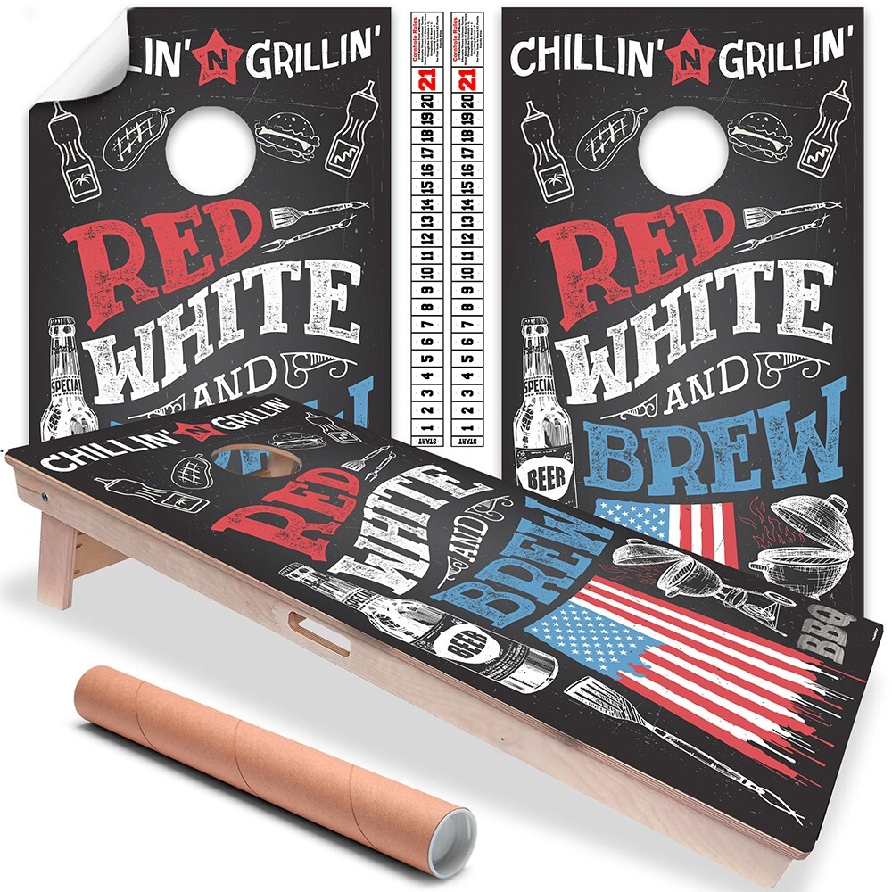 Red White and Brew Beer American Flag Chalkboard Style Cornhole Wraps Sticker