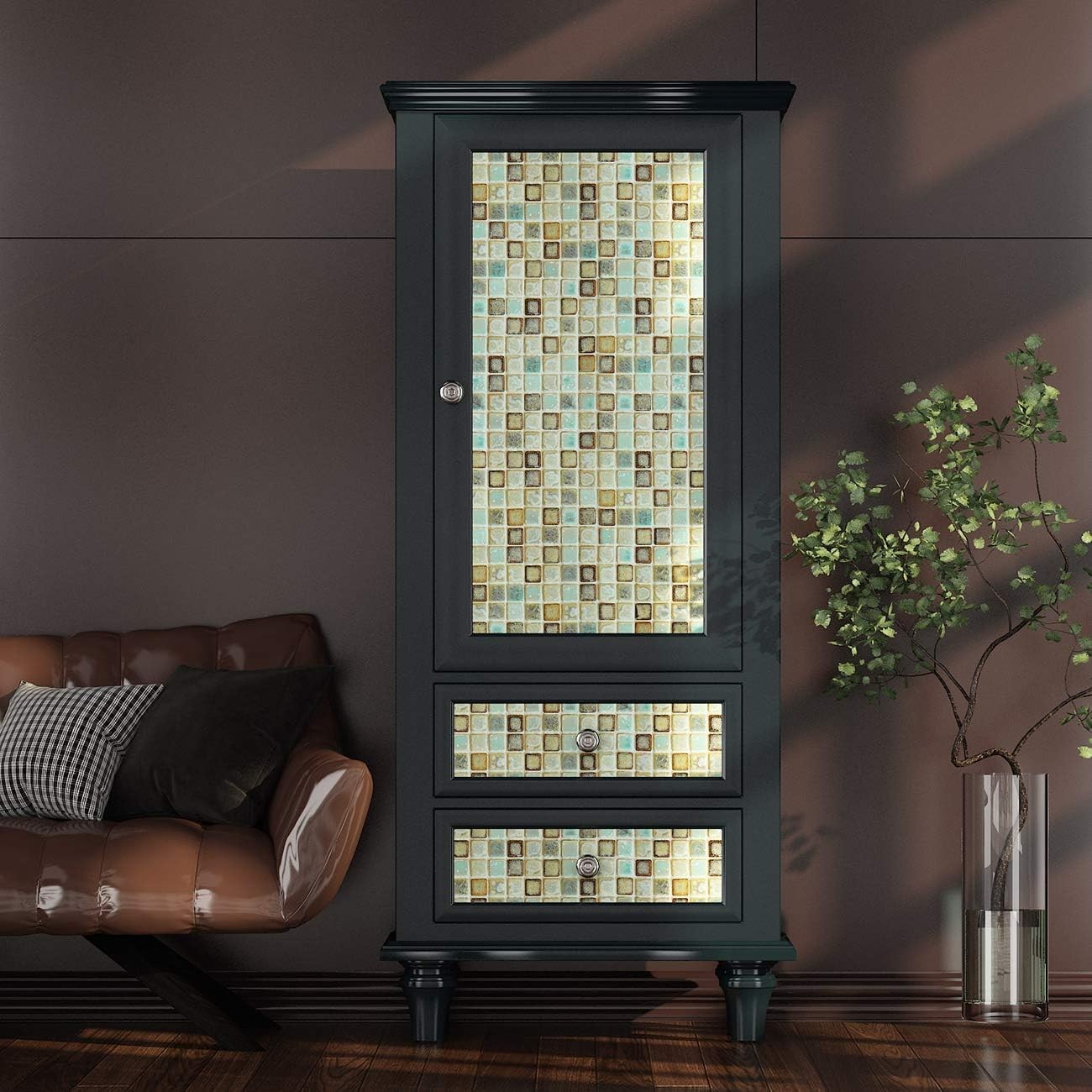 Livelynine Vinyl Bathroom Wallpaper Peel and 15.8 x 78.8, Green Mosaic Tiles