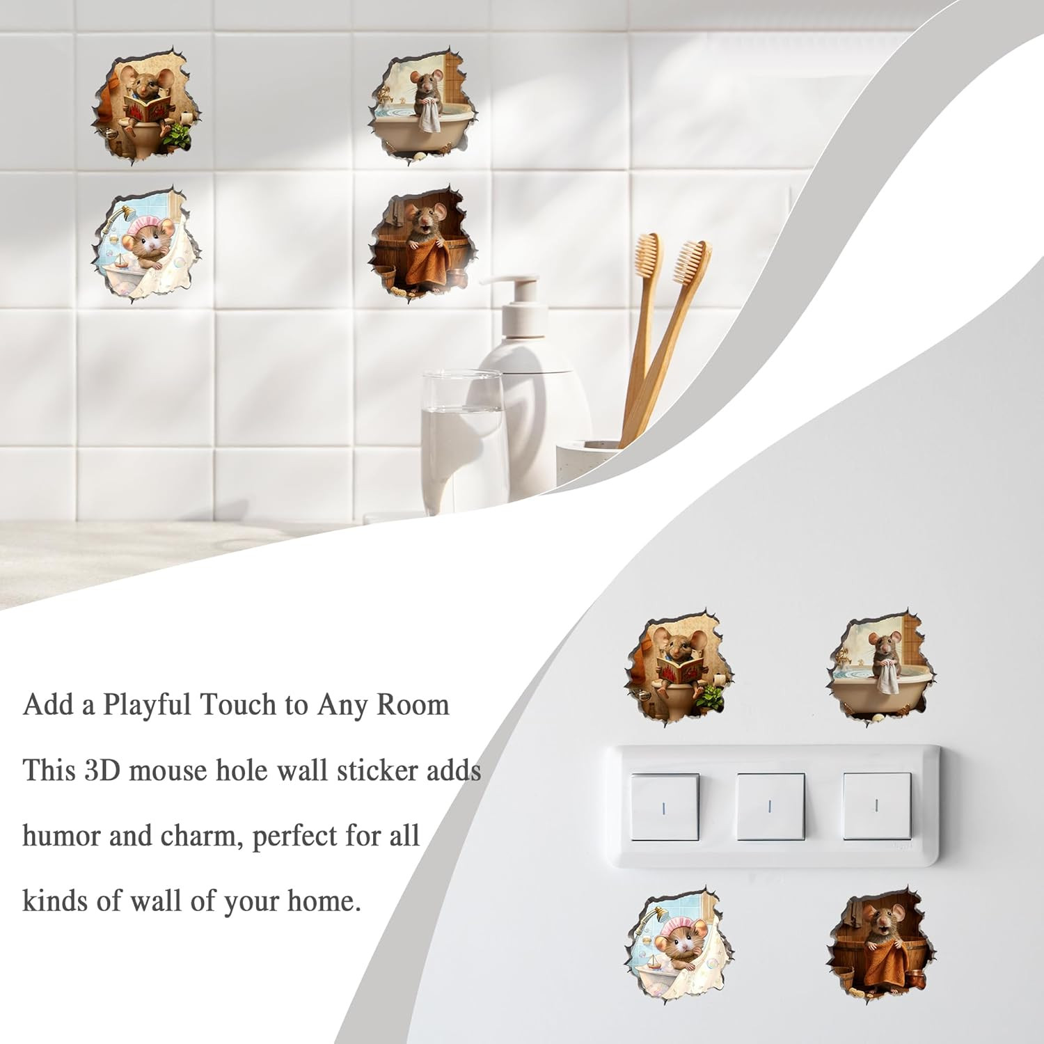 3D Fun Mouse Hole Realistic Wall Decal Peel and Stick, Sticker with 3D Effect, F