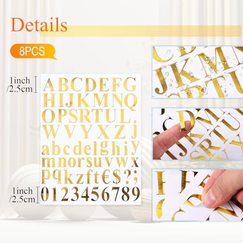8 Sets 536 Pcs Vinyl Letter Number Stickers Alphabet Large 1 Inch Mirror Gold