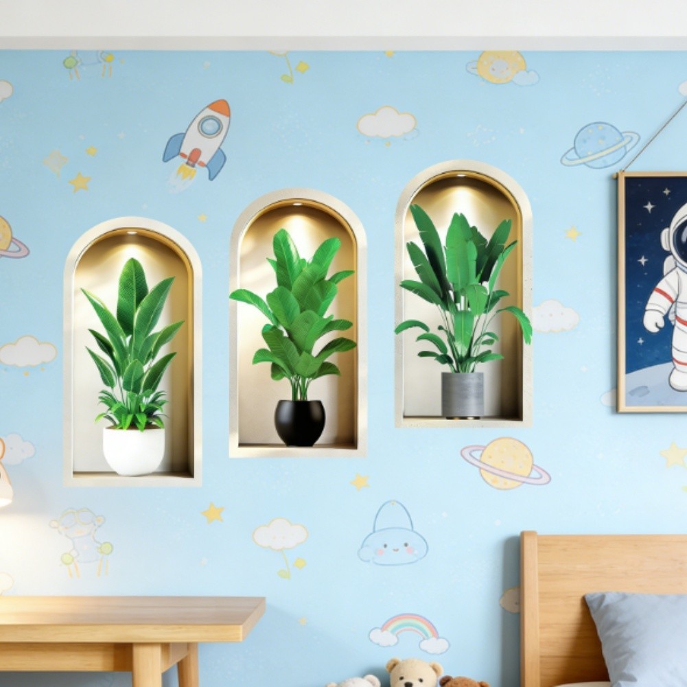 3PCS 3D Wall Stickers Plants Wall Stickers,Green Potted Plants Wall Stickers