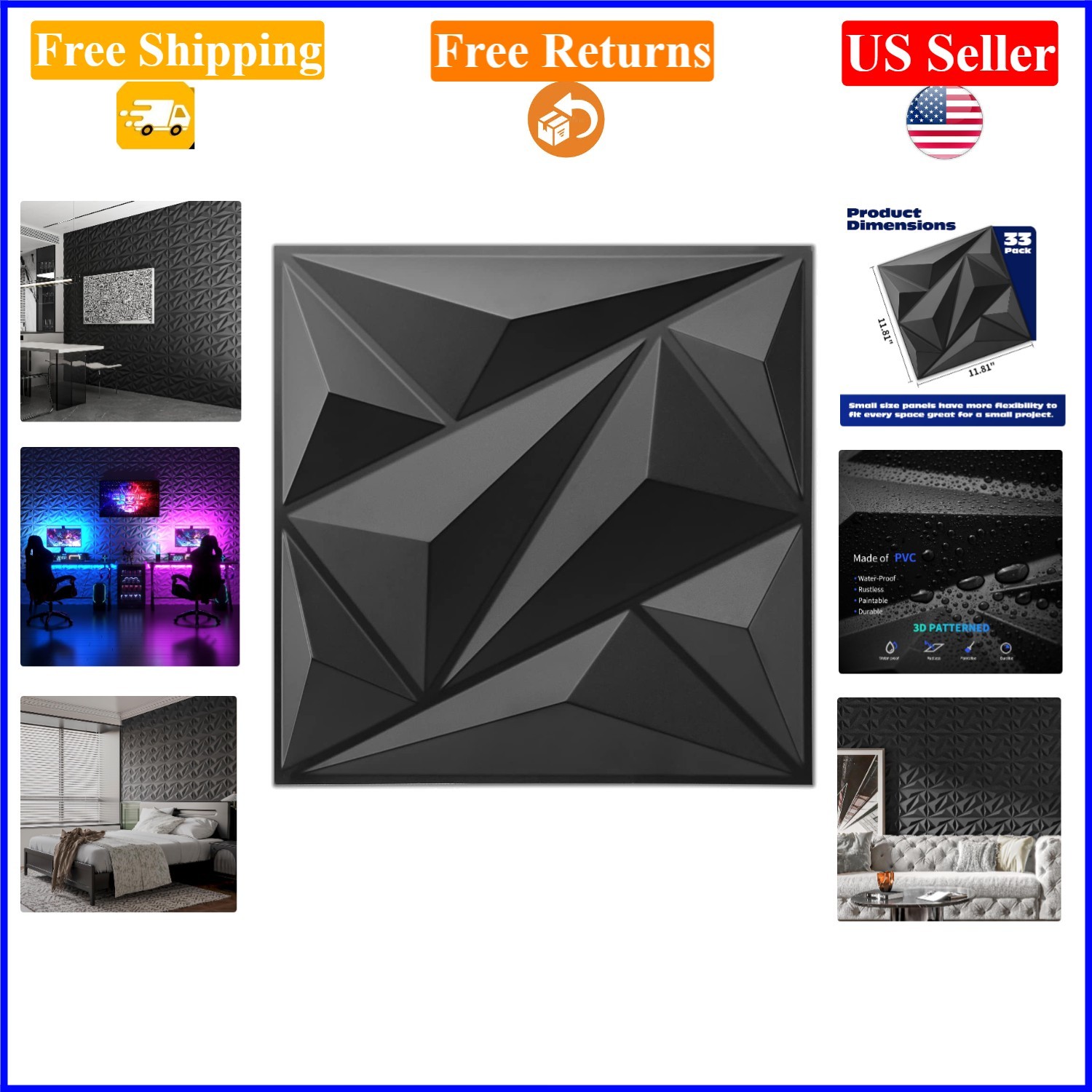 33 Pack Black 3D Diamond Wall Panels for Living Room, Bedroom, Office