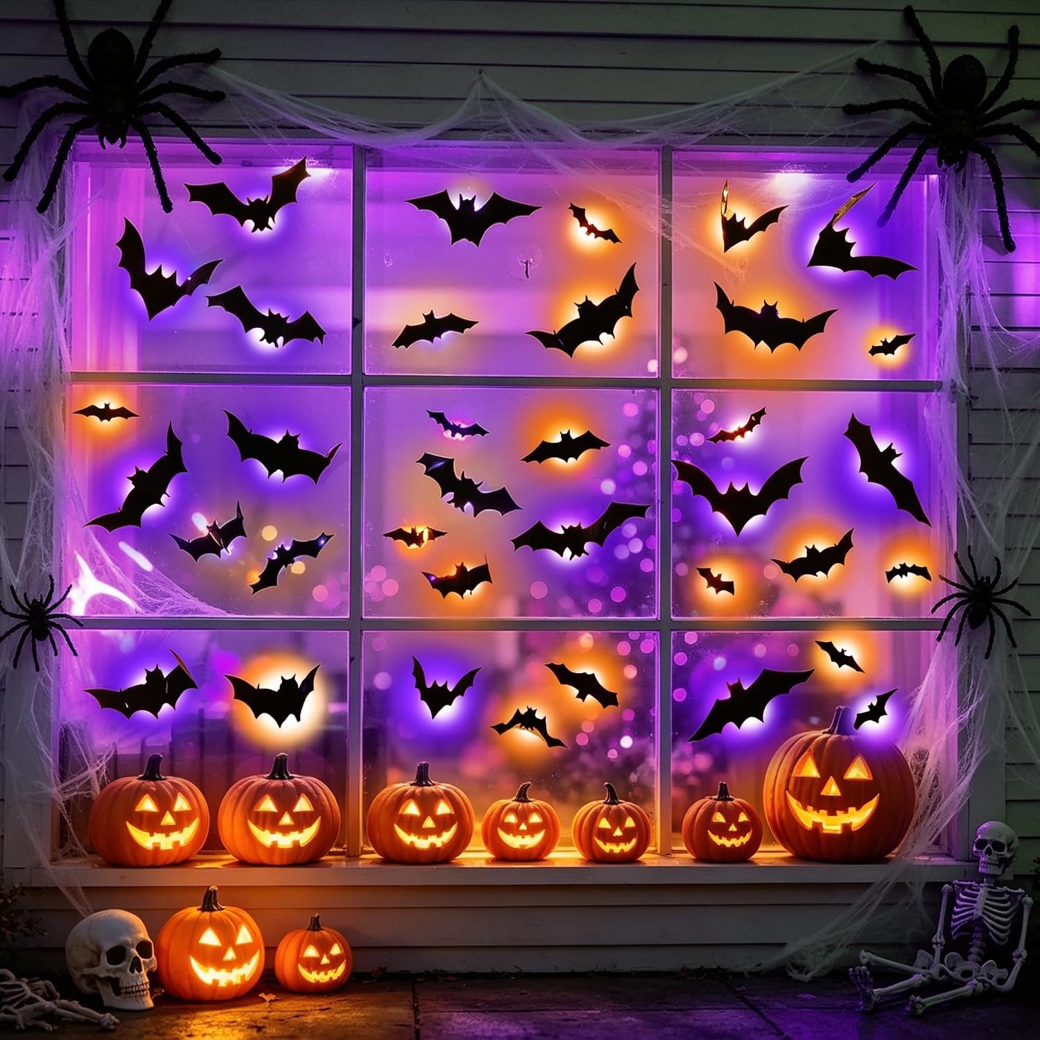 Eerie 40-Piece Halloween Bat Wall Stickers – 3D Glow with Orange & Purple Lights