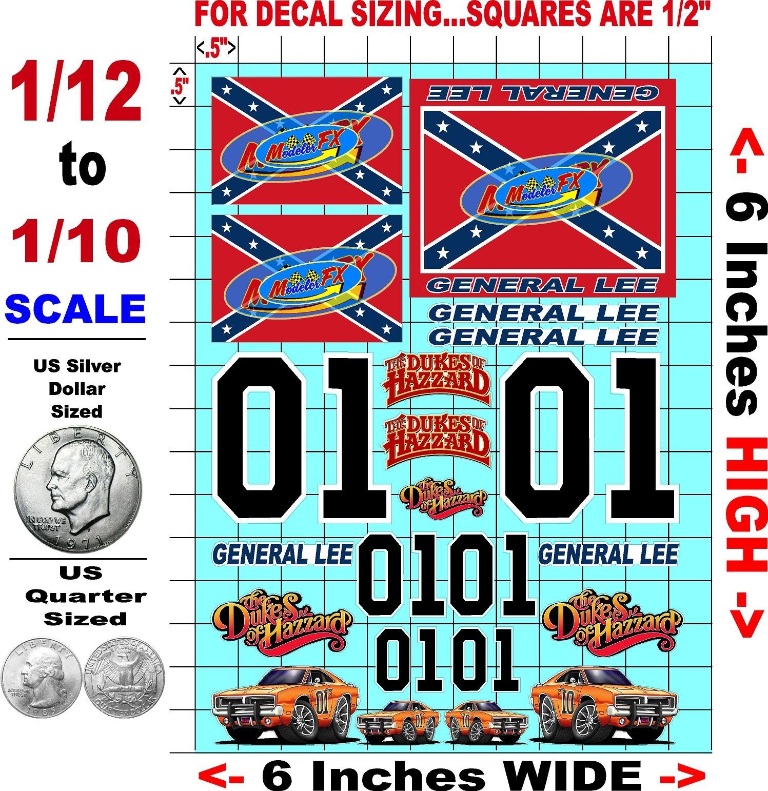 White Vinyl Sticker sheet DUKES OF HAZZARD-R/C MODEL Die-cut-Decals 1/16-1/10th