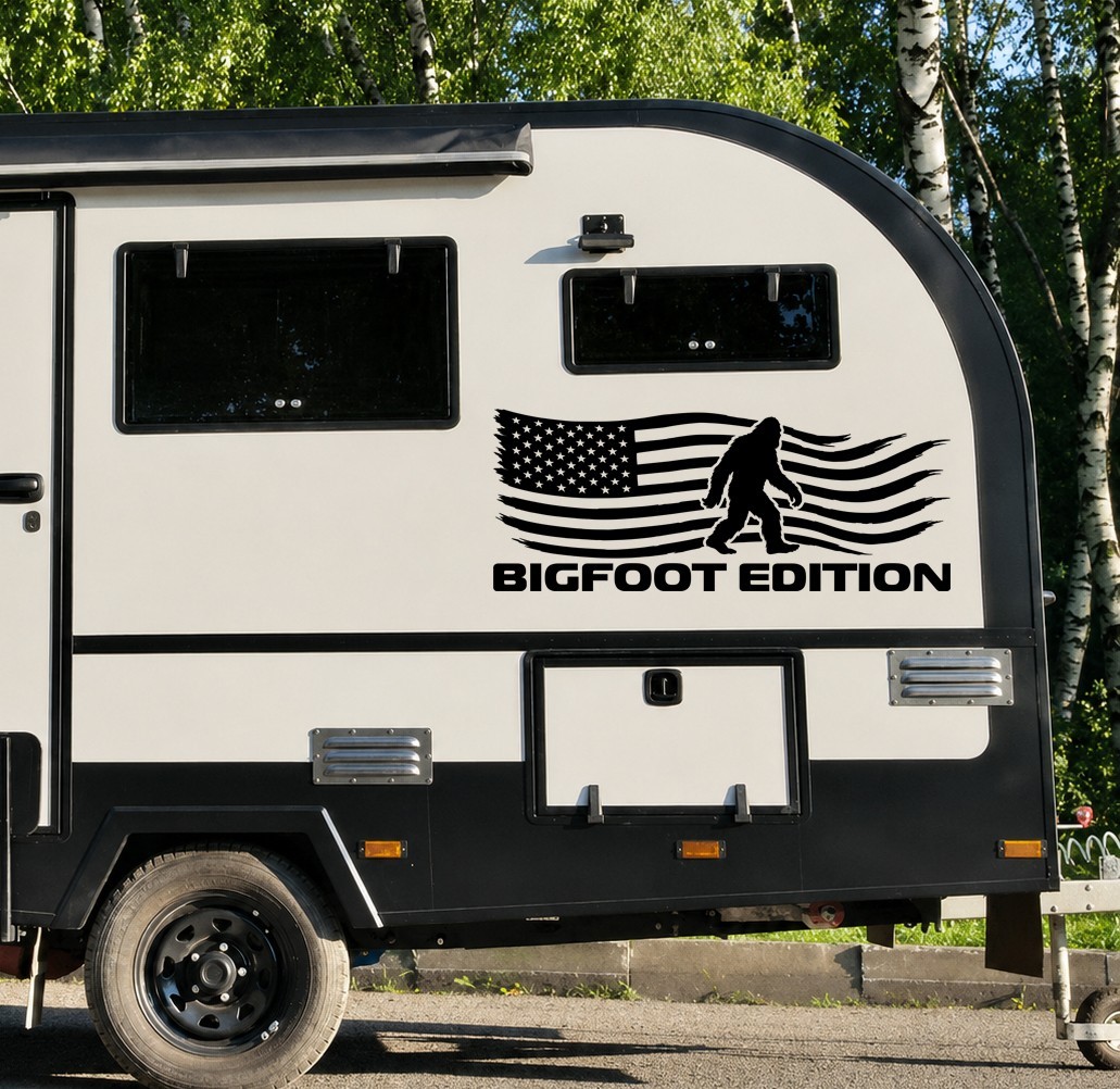 Bigfoot Edition RV Camper Decal – Distressed American Flag Sasquatch