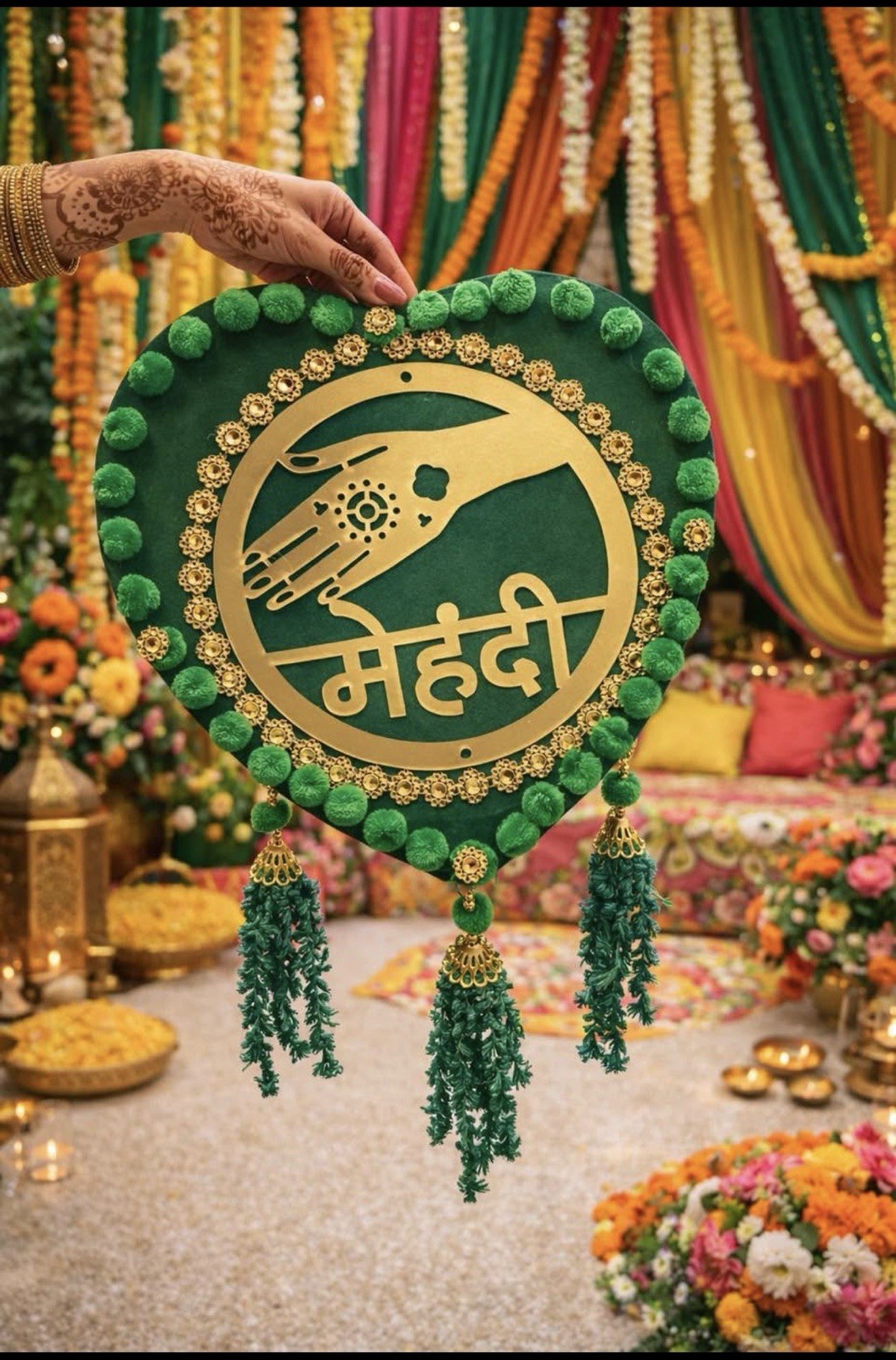 Handcrafted Mehndi Ceremony Hanging Decor – Indian Wedding Backdrop Sign