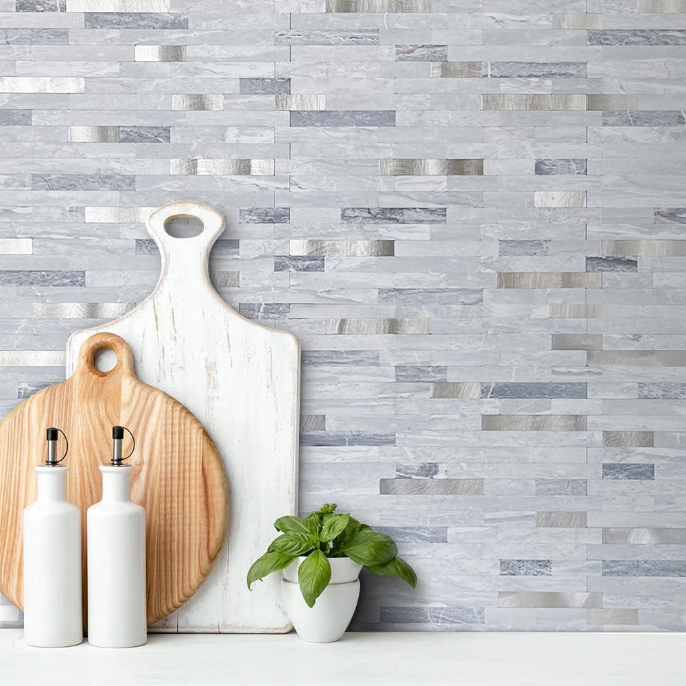 AULIGET 20 Sheets Faux Stone Peel and Stick Backsplash, Light Grey Marble Loo…