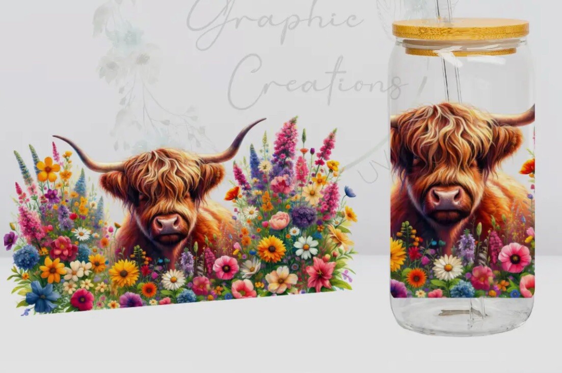 UV DTF “Highland Cow In Wildflowers ” Wrap DIY Transfer 16oz Glass Cup/Mug NEW
