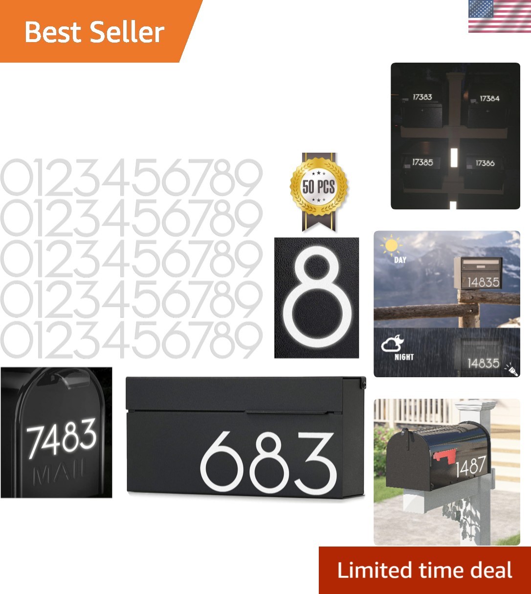 2 Inch Reflective Mailbox Numbers Sticker (0-9, 5 Sets) Modern Number Vinyl Wate