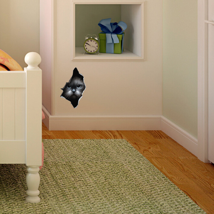 Gray Cat Peeking Through a Hole in the Wall – Vinyl Wall Decal Quality USA Made