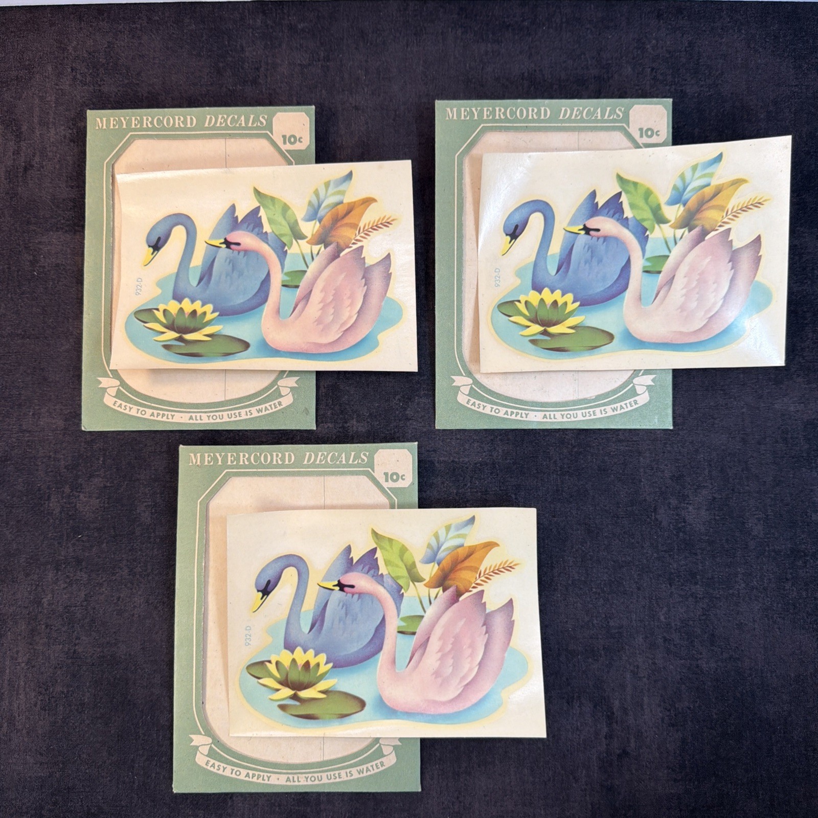 3 Meyercord Light Blue & Pink Swan Decals, Water Scene,Unused,Retro, Kitsch,MCM