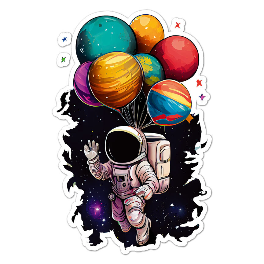 Astronaut Balloons Planet, Vinyl Decal Sticker, Indoor Outdoor, 3 Sizes, #9374