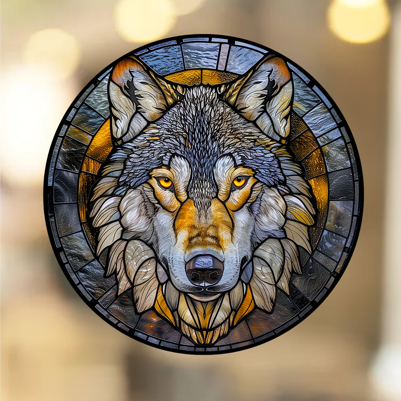 Wolf Faux Stained-Glass WINDOW CLING Sun-catcher Size 8" Round Vinyl