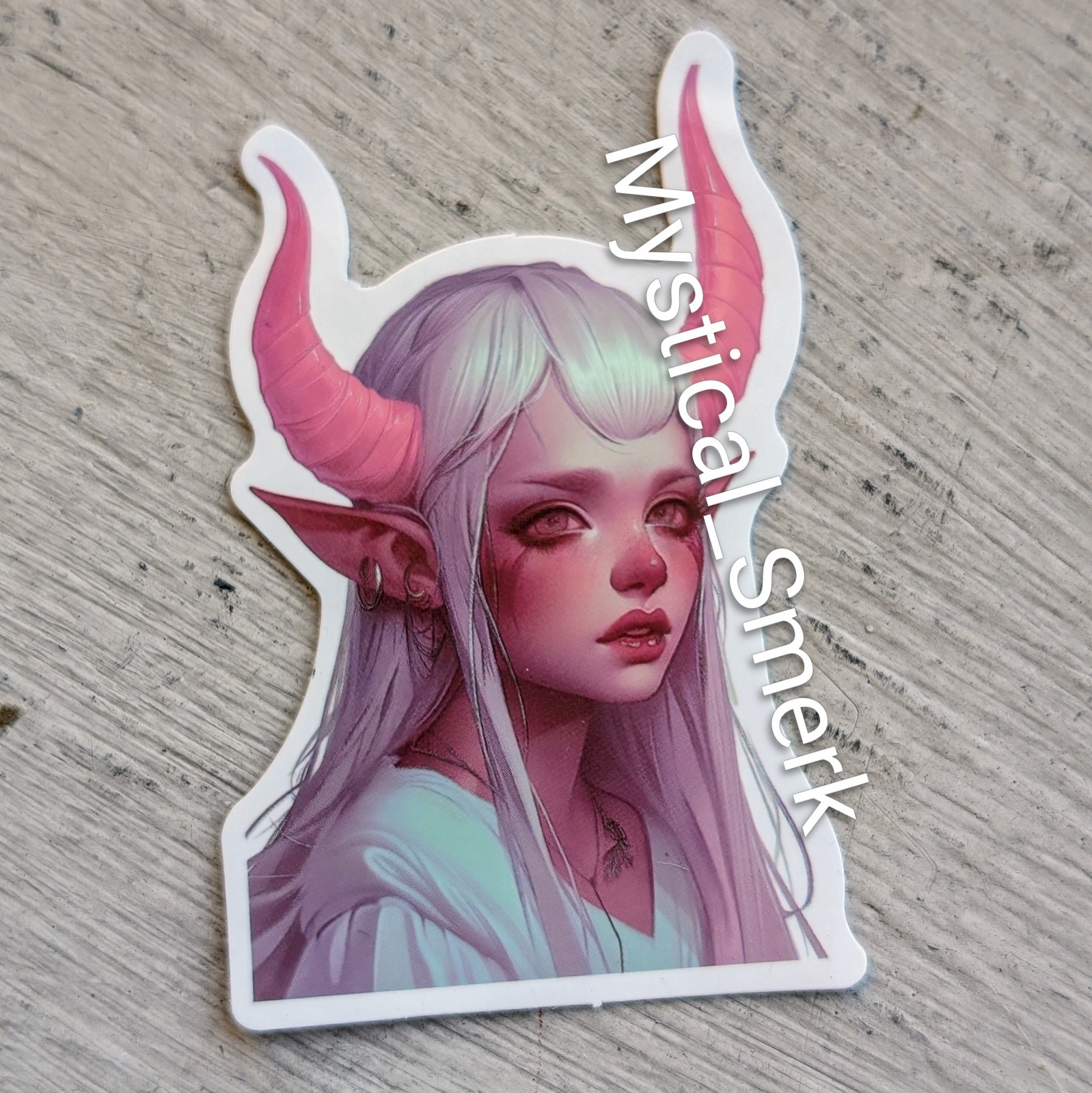 Haunted Doll Active Spirit Demon Girl With Pink Horns White Elf Sticker 1Pc