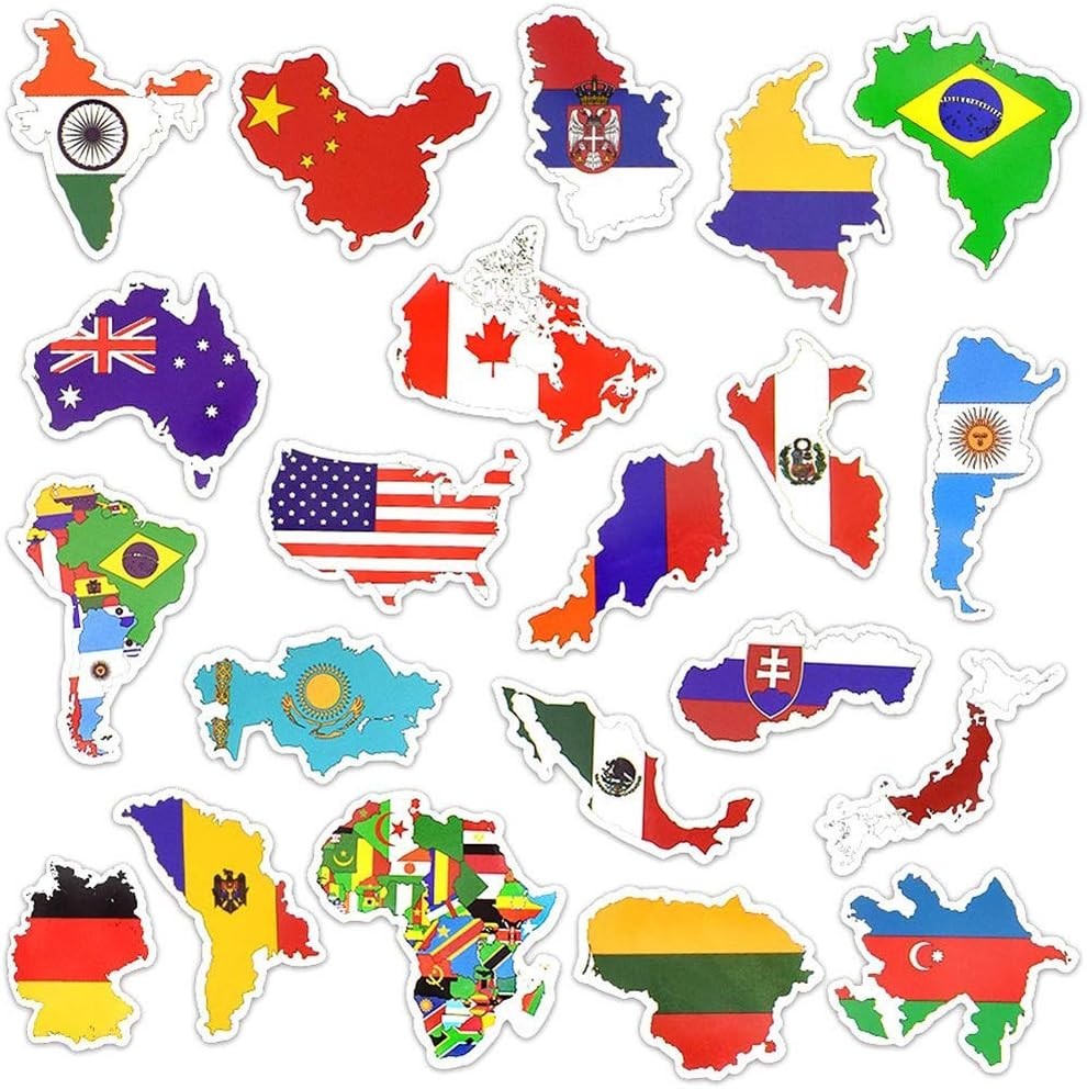 Vinyl National Flag Map Stickers Set – 50 Unique Designs for Creative Kids