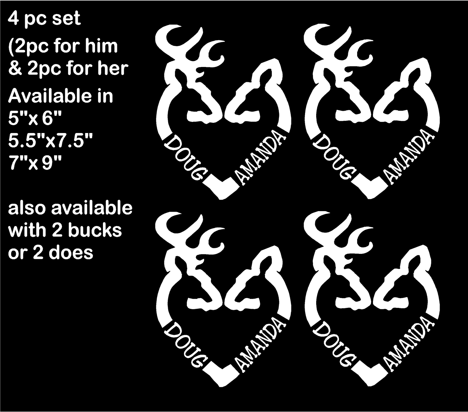 Buck Doe Heart 4 PC Set Decals Deer Heads Vinyl Decal Personalized Names Sticker